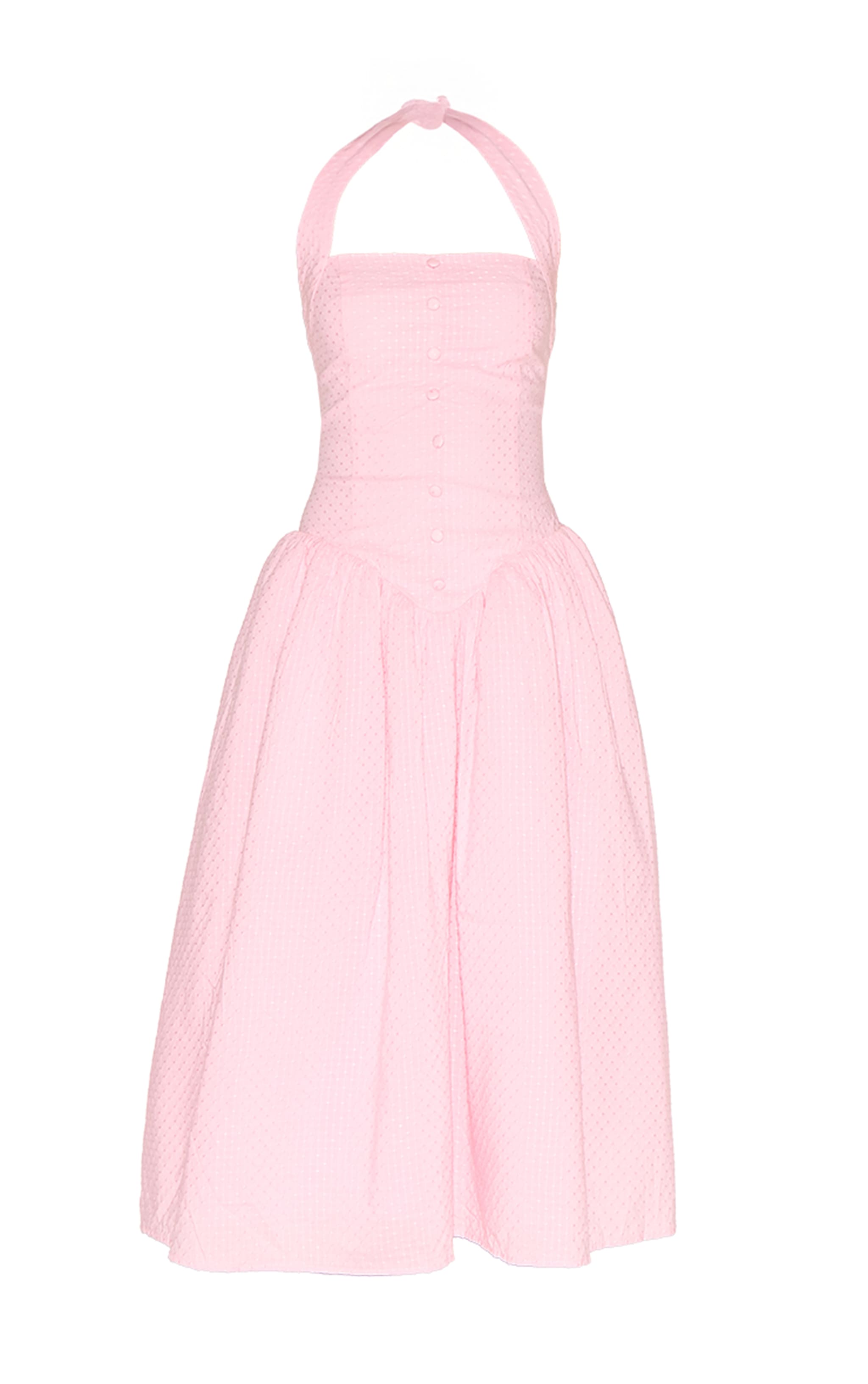 Robe mi-longue rose bonbon en coton brodé à col licou image 5