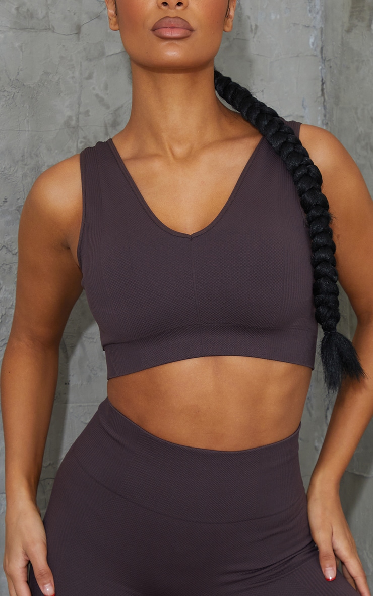 Chocolate V Neck Padded Textured Seamless Sports Bra image 4