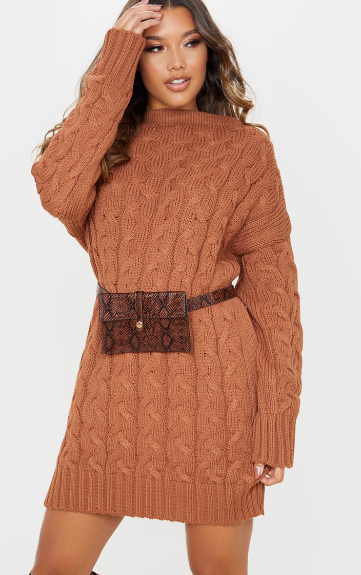 Tan Cable Detail Knitted Jumper Dress