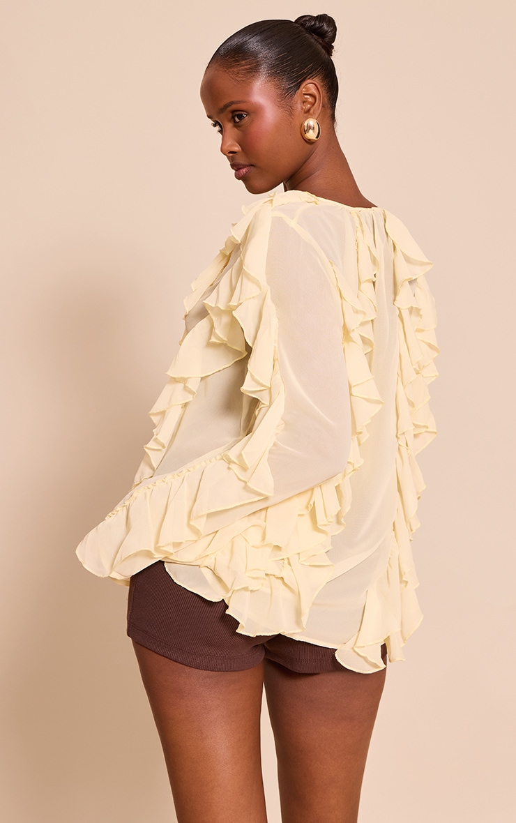 Butter Yellow Chiffon Extreme Ruffle Detail Long Sleeve Blouse image 2
