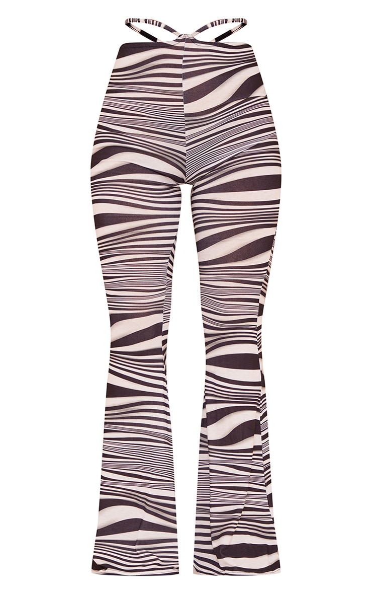 Black Wave Print Tie Waist Detail Flared Pants image 5