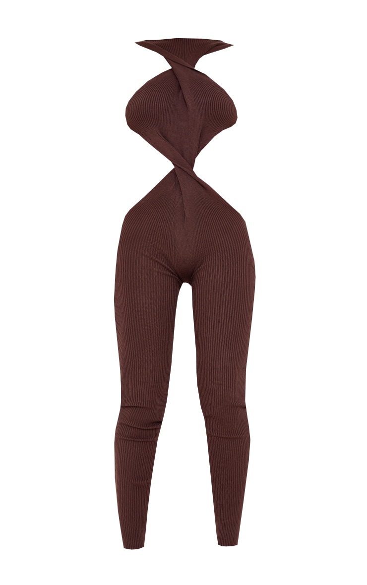 Chocolate Knitted Twist Front Maxi Jumpsuit image 1