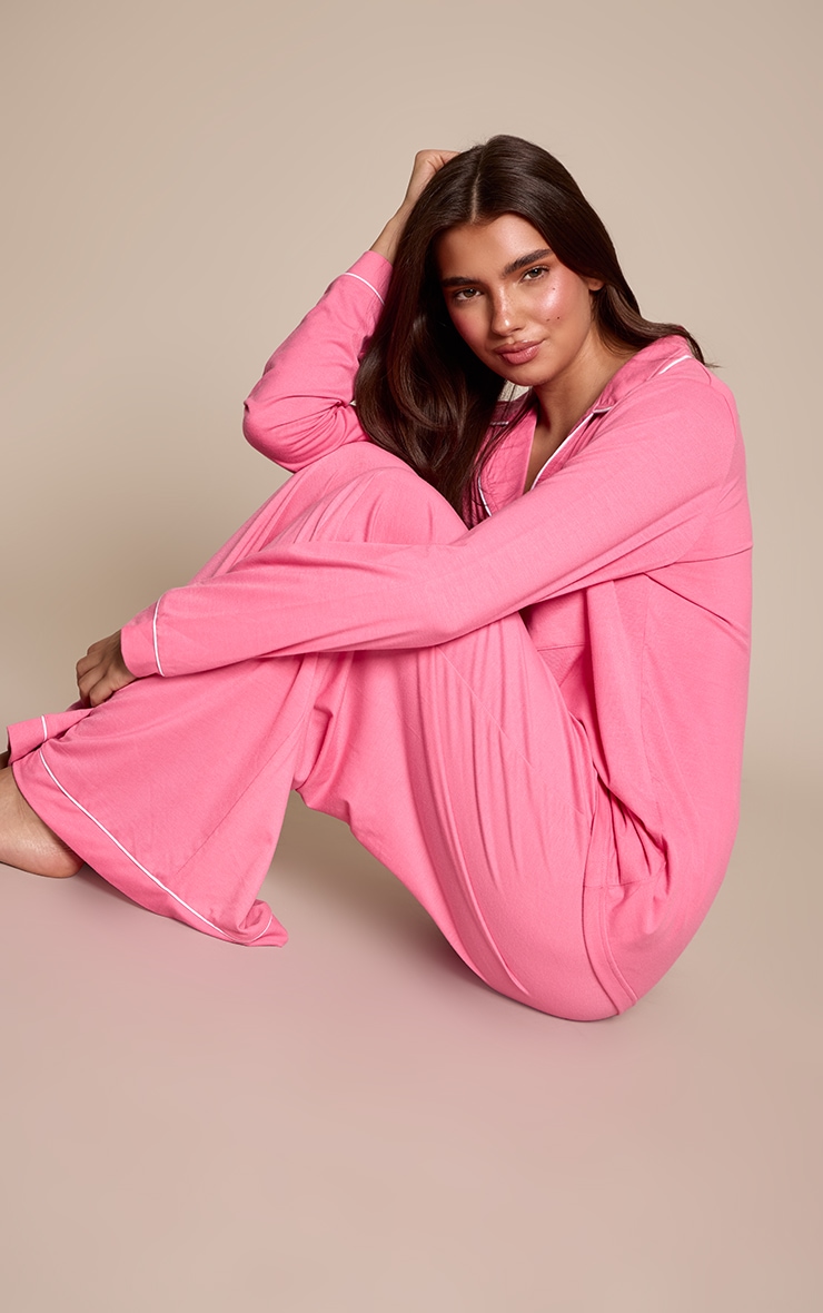 Hot Pink Soft Jersey Piping Long Sleeve and Pant PJ Set  image 3