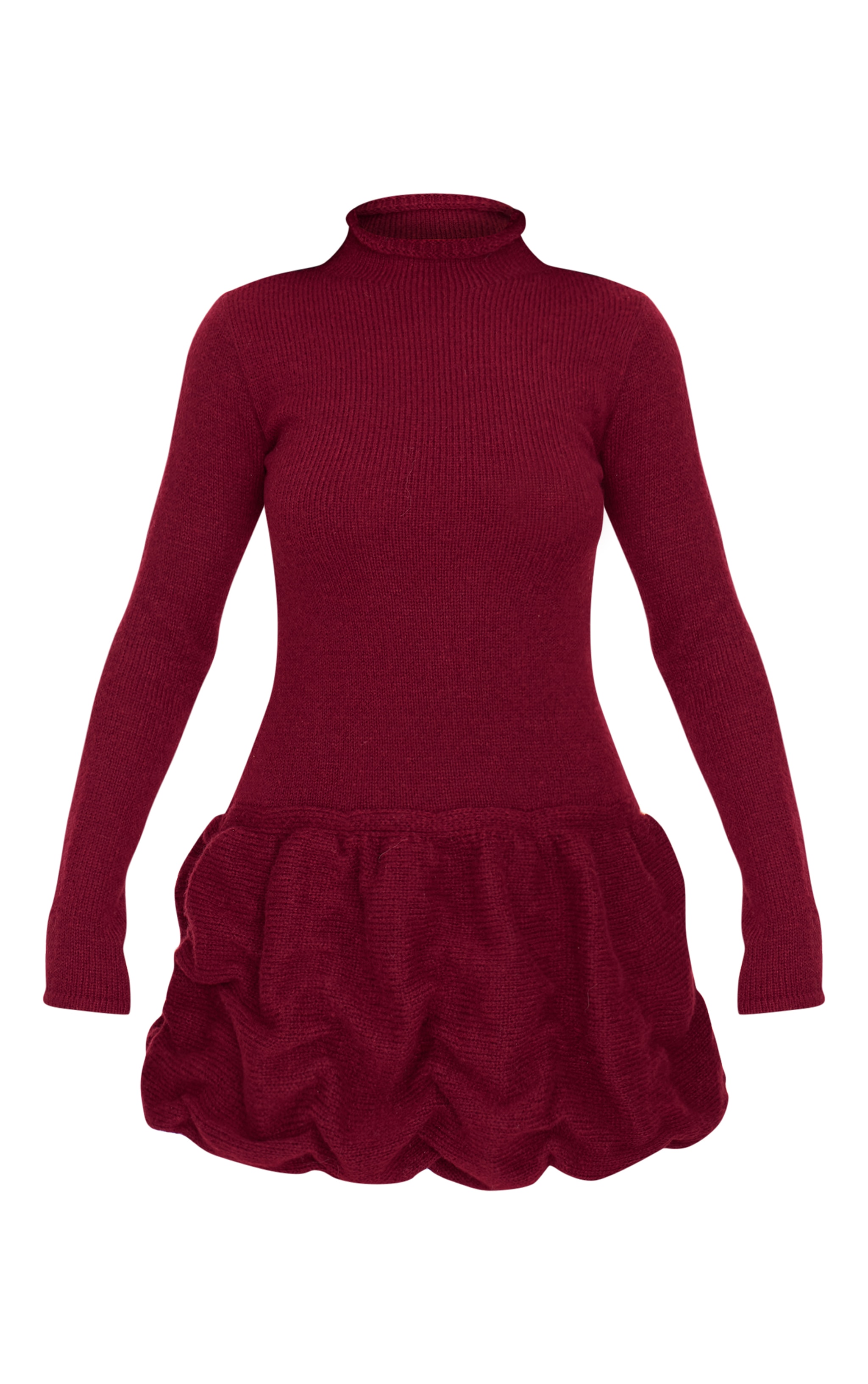 Burgundy High Neck Knitted Puffball Mini Dress image 5