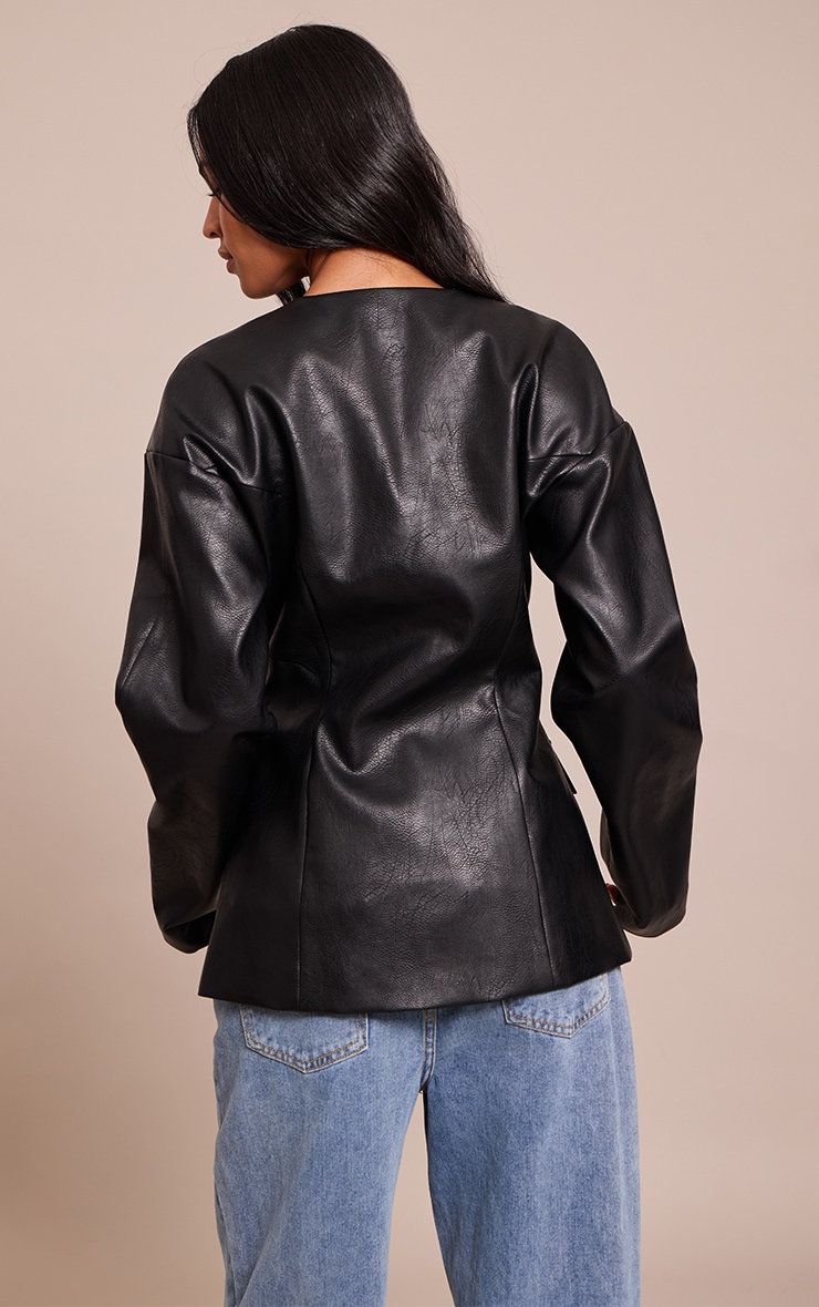 Tall Black Leather Look Cinched Waist Blazer image 2