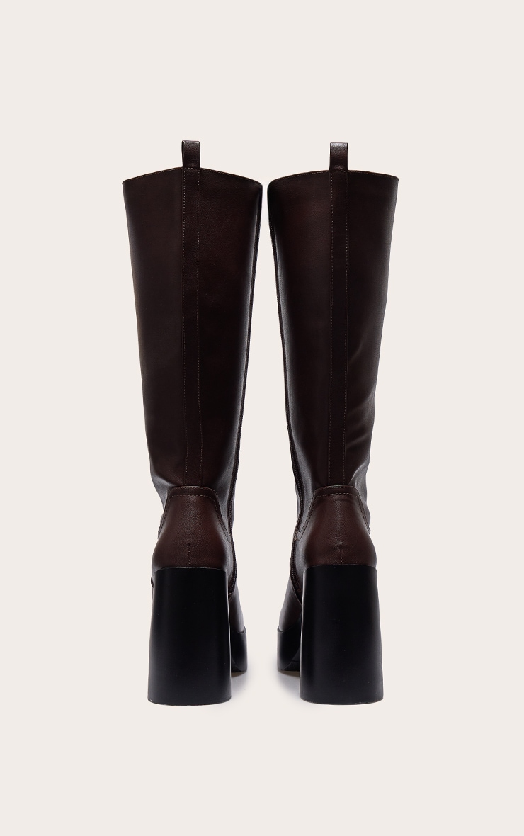 Chocolate PU Wide Fit Square Toe Block Heel Slight Platform Knee High Boots image 3