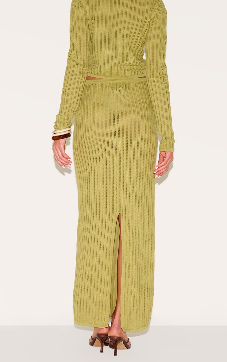 Olive Pointelle Knit Trim Split Maxi Skirt image 3