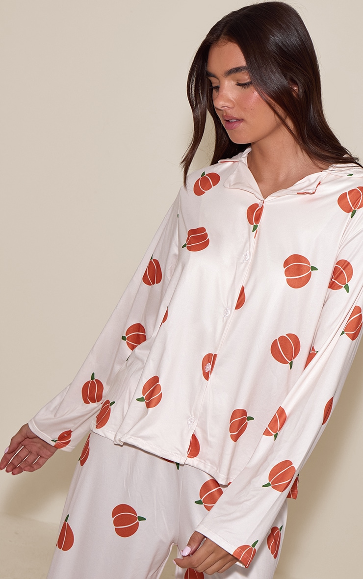 Cream Pumpkin Printed Long Sleeve Button Through PJ Set image 4