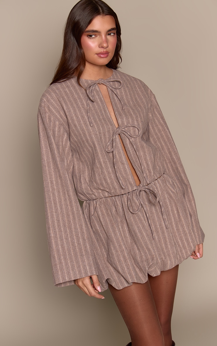 Beige Brushed Pinstripe Puffball Skirt image 2