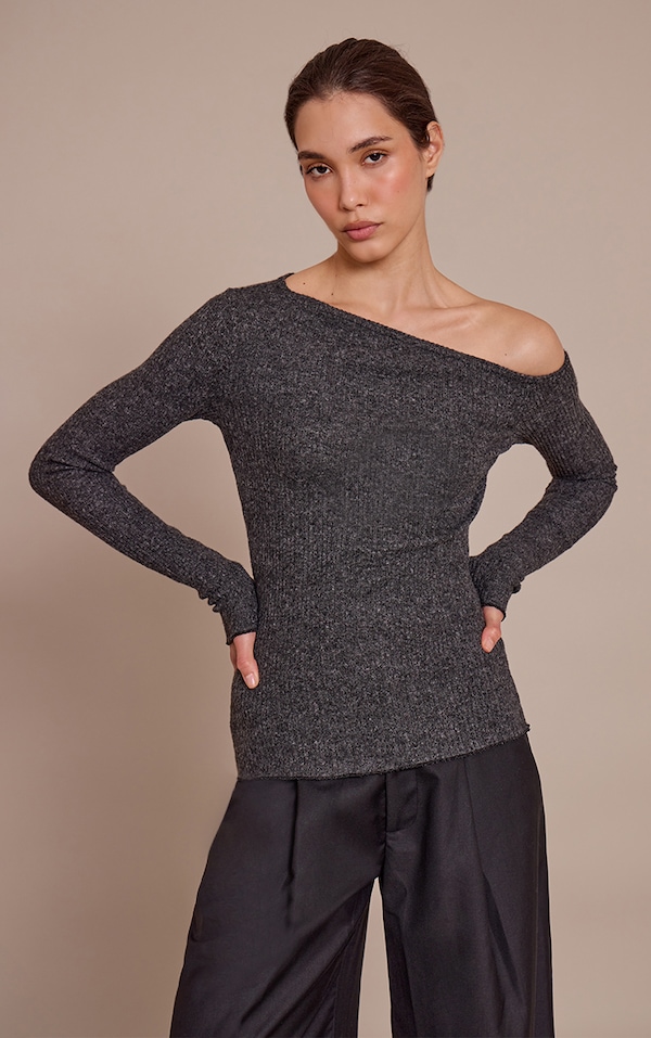 Charcoal Marl Soft Brushed Rib Asymmetric Long Sleeve Top 
