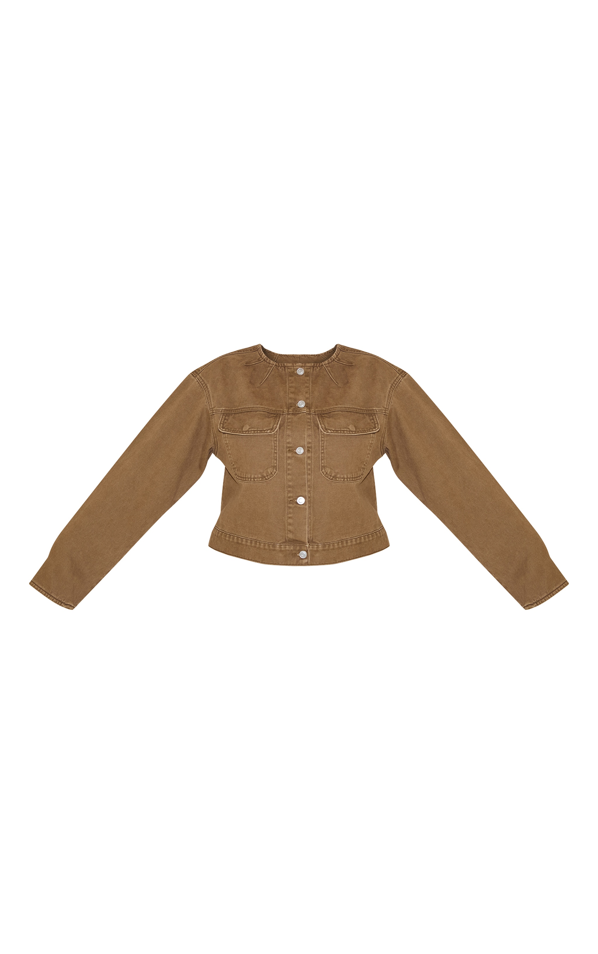 Plus Brown Collarless Detail Denim Jacket image 5