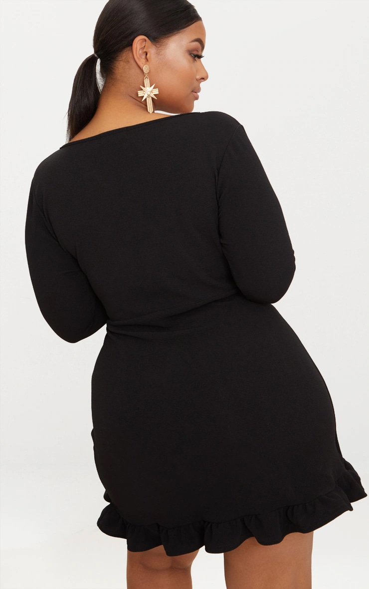 Plus Black Long Sleeve Ruffle Wrap Dress image 2