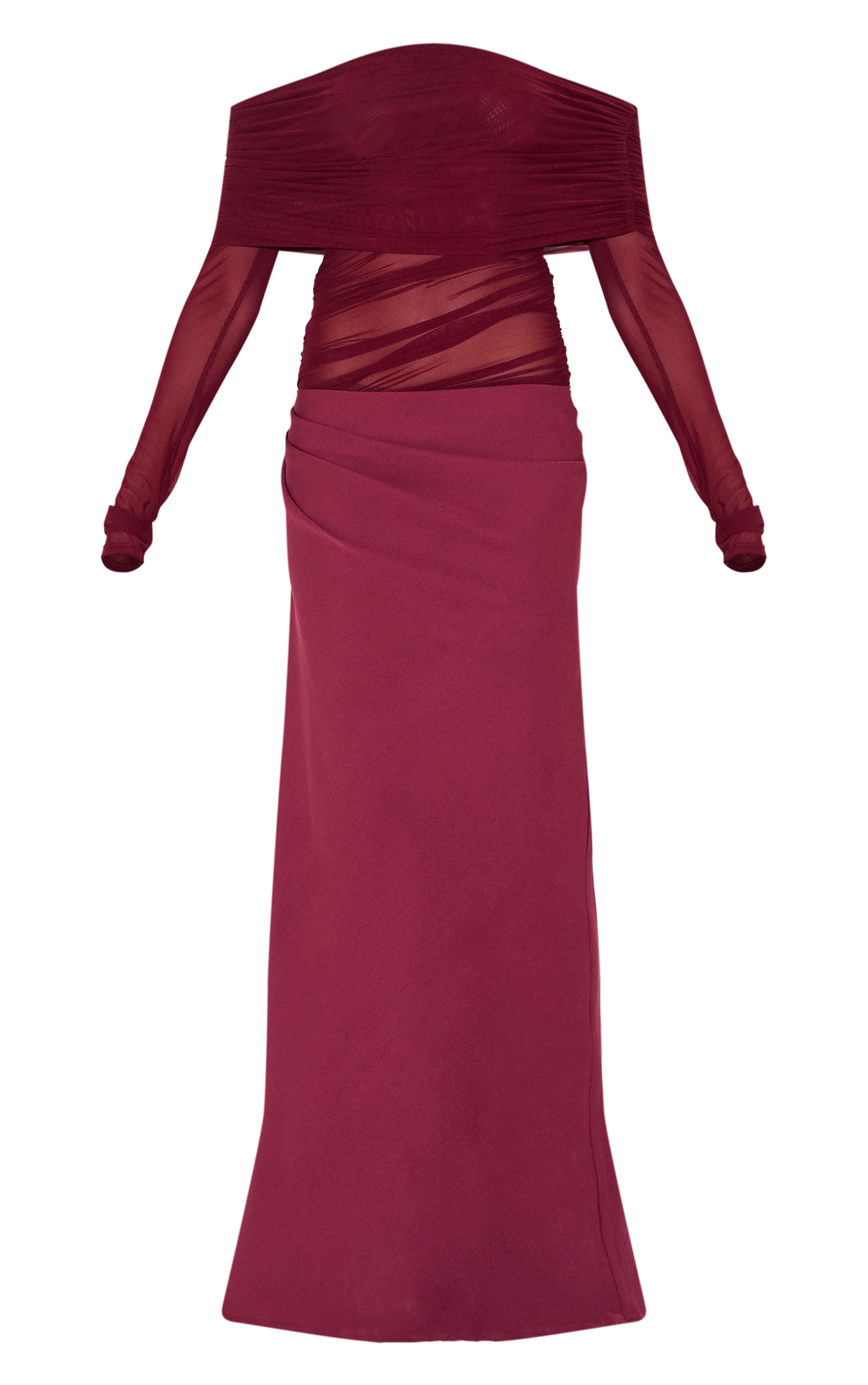 Wine Satin Mesh Detail Bardot Maxi Dress | Dresses