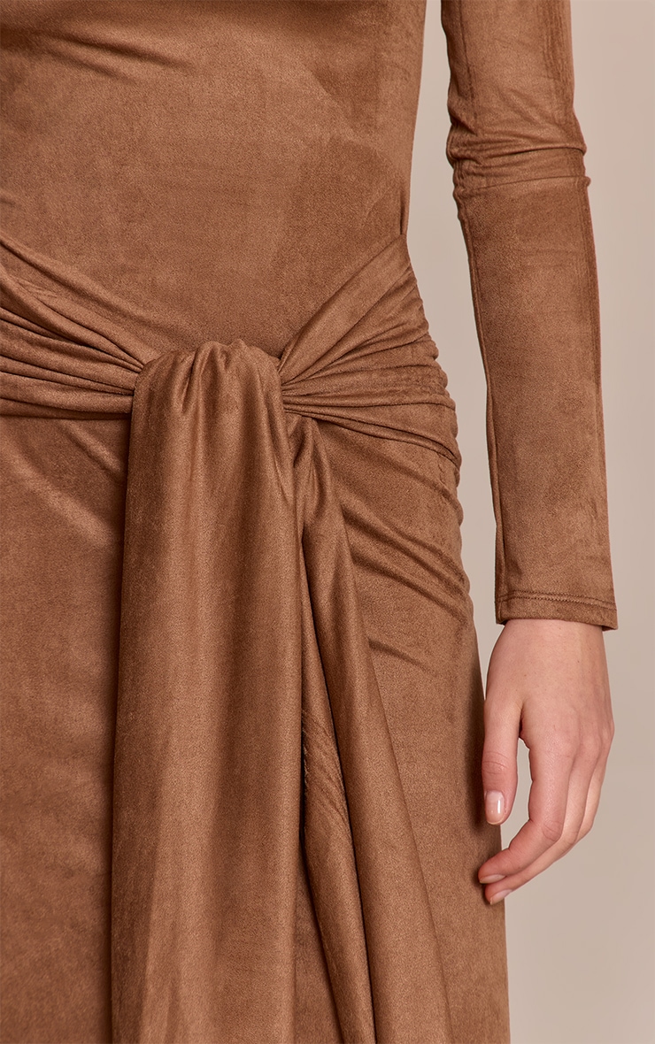 Tan Faux Suede Knot Detail Long Sleeve Maxi Dress image 4