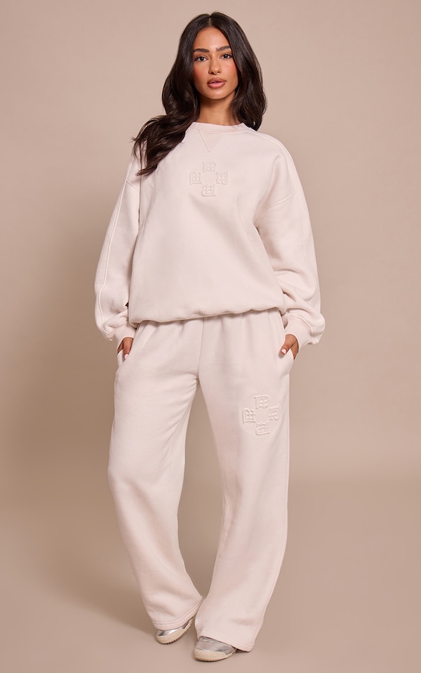Petite Cream PLT Embossed Wide Leg Track Pants