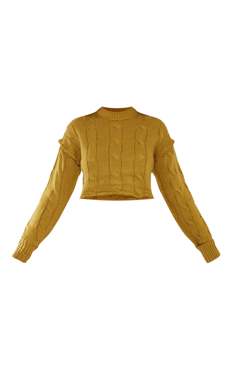 Olive Cropped Cable Exposed Seam Knit Jumper Knitwear PLT QA