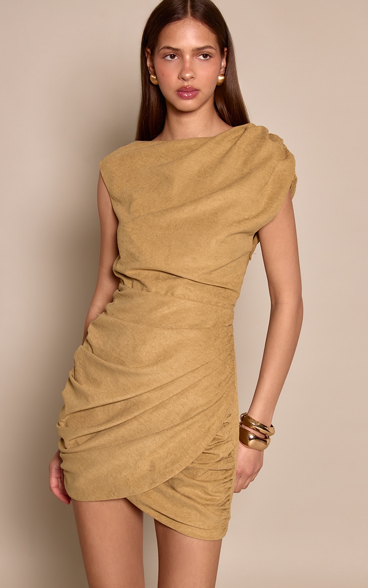 Chartreuse Textured Ruched Wrap Mini Dress