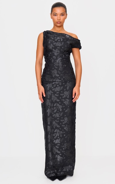 Black Glitter Devore Asymmetric Maxi Dress