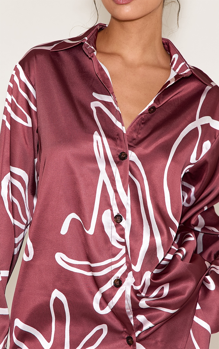 Brown Printed Oversized Satin Button Up Shirt image 4