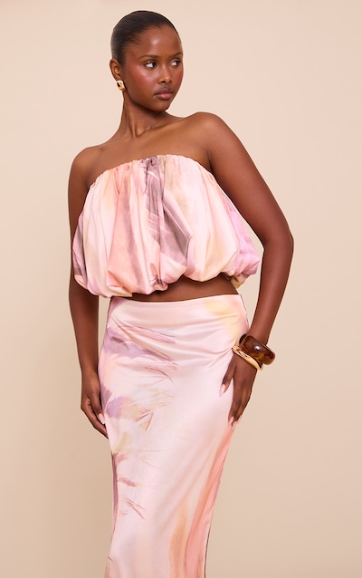 Multi Abstract Print Satin Puffball Bandeau Top