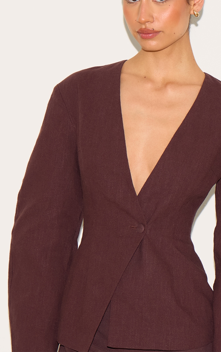 Tall Chocolate Premium Linen Look Tailored Cocoon Sleeve Cinched Blazer image 4