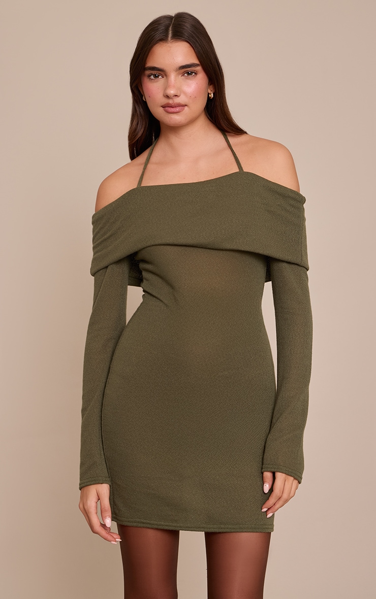 Khaki Textured Jersey Bardot Mini Dress image 1
