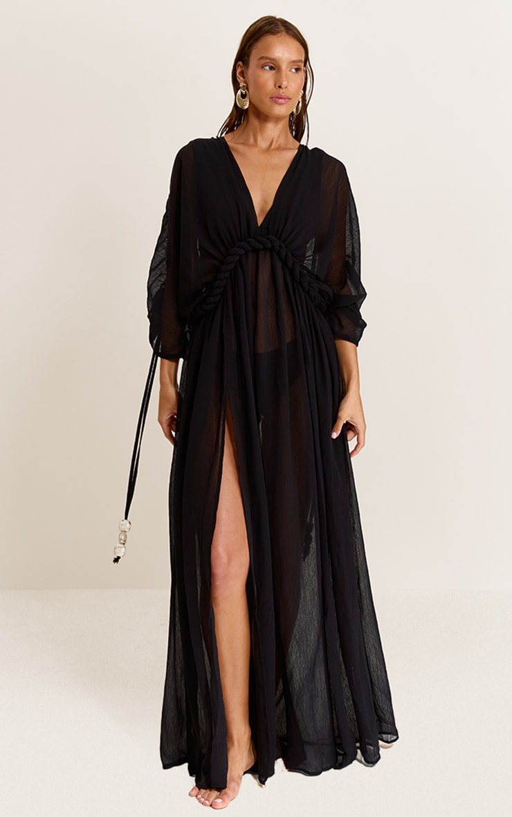 Robe de plage bohème en mousseline de soie texturée noire à détail torsadé image 3