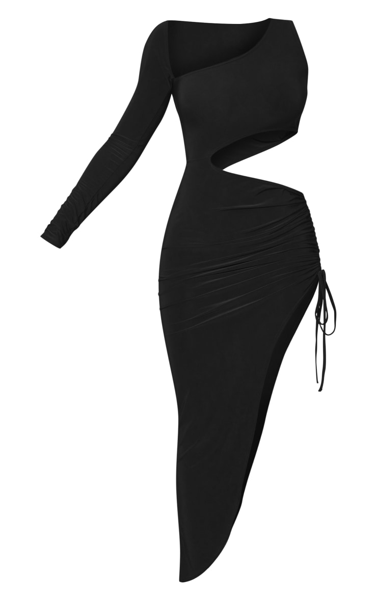 Black Slinky One Sleeve Cut Out Ruched Midi Dress image 1