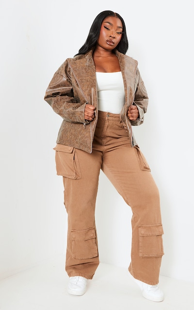 Plus Brown Oversized Faux Leather Distressed Look Biker Jacket