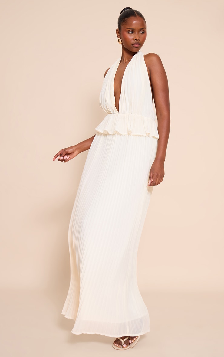 Robe longue crème plissée à dos nu et volants image 3