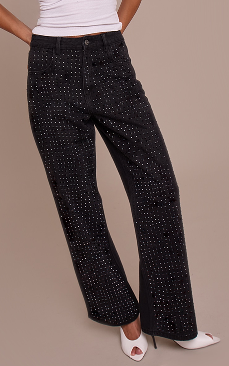 Black High Waist Diamante Straight Leg Denim Jeans image 2