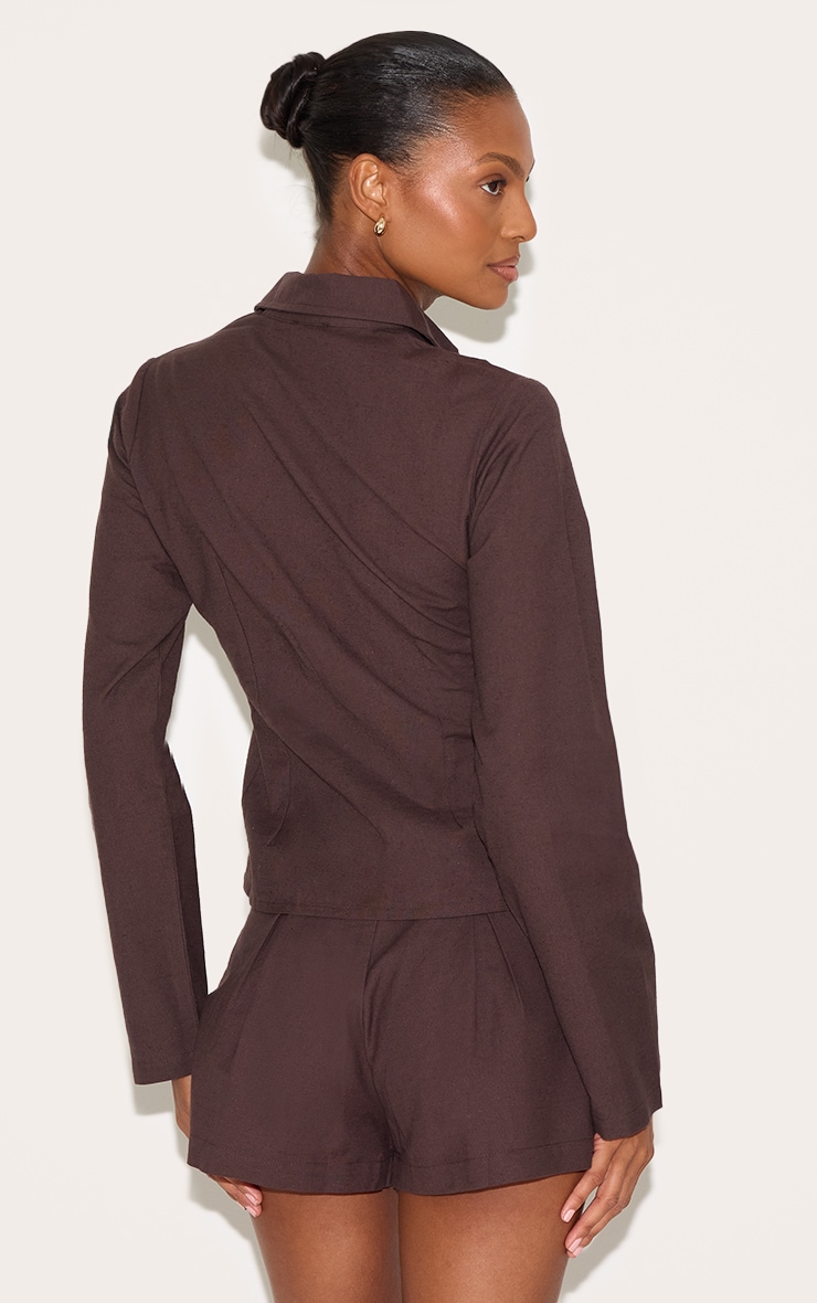 Chocolate Linen Look Button Up Fitted Shirt image 2