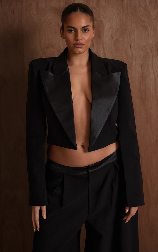 PLT Label Plus Black Satin Lapel Cropped Blazer
