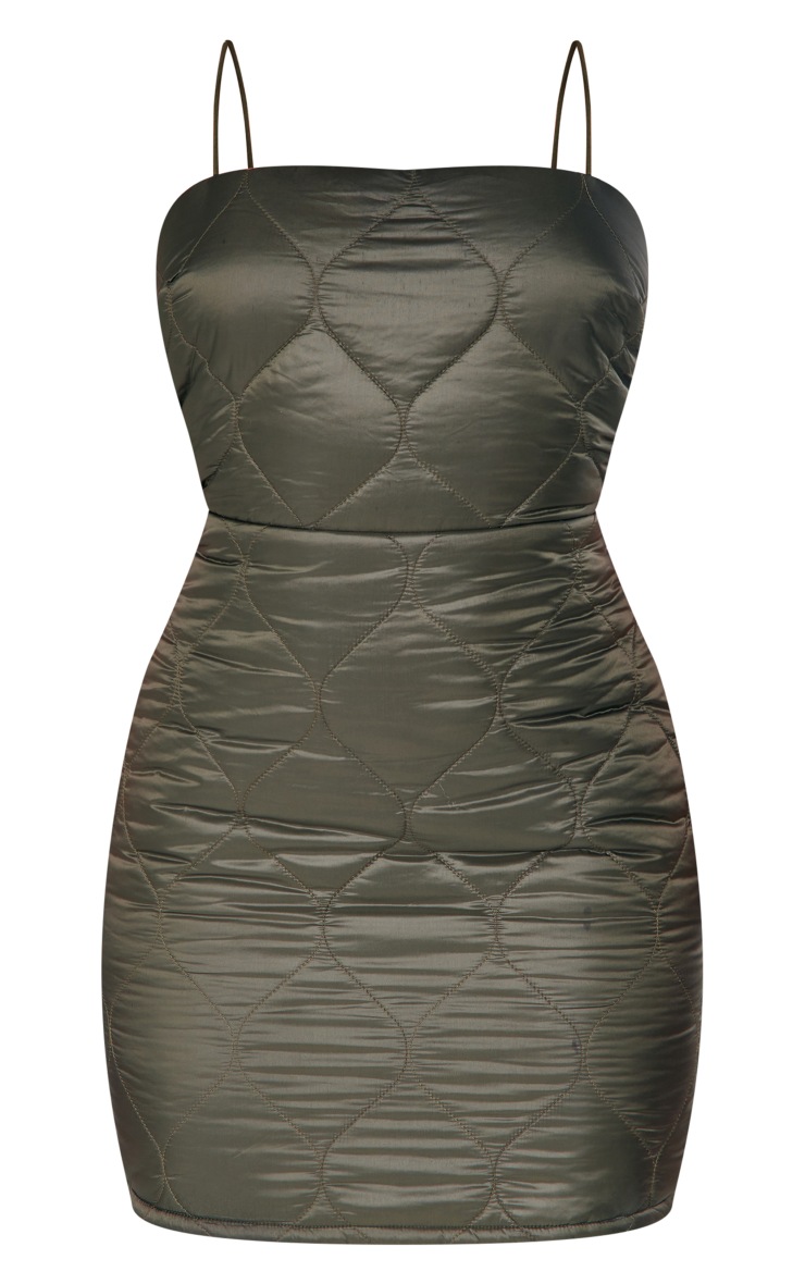 Dark Khaki Quilted Spaghetti Strap Bodycon Dress image 5