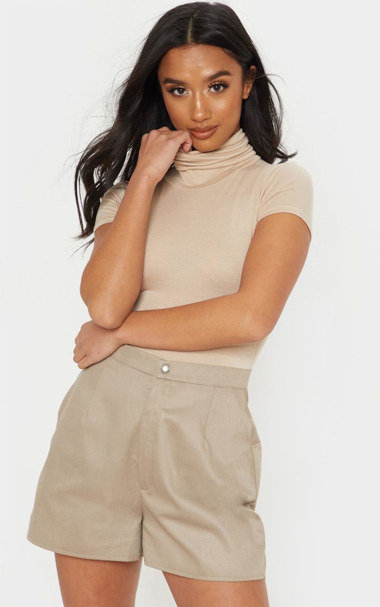 Petite Stone Short Sleeve Basic Roll Neck Bodysuit