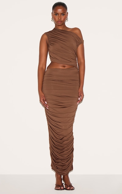 PLT Label Chocolate One Shoulder Ruched Cut Out Maxi Dress