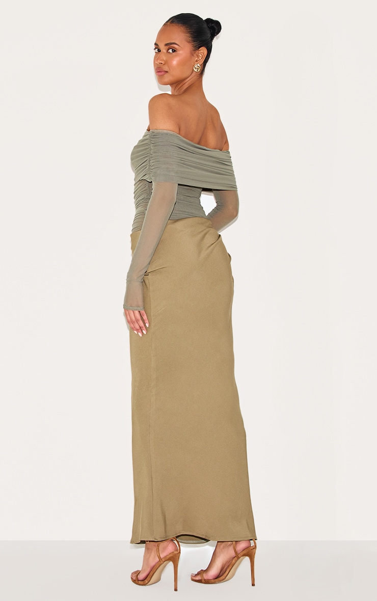 Olive Satin Mesh Detail Bardot Maxi Dress image 2