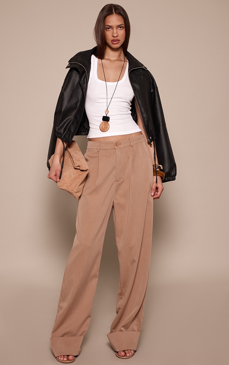 Pantalon droit oversize tissé gris champignon à ourlet retroussé