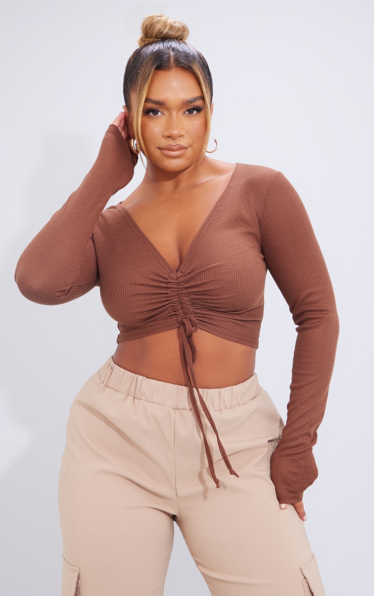 Shape Chocolate Ribbed Long Sleeve Ruched Front Crop Top