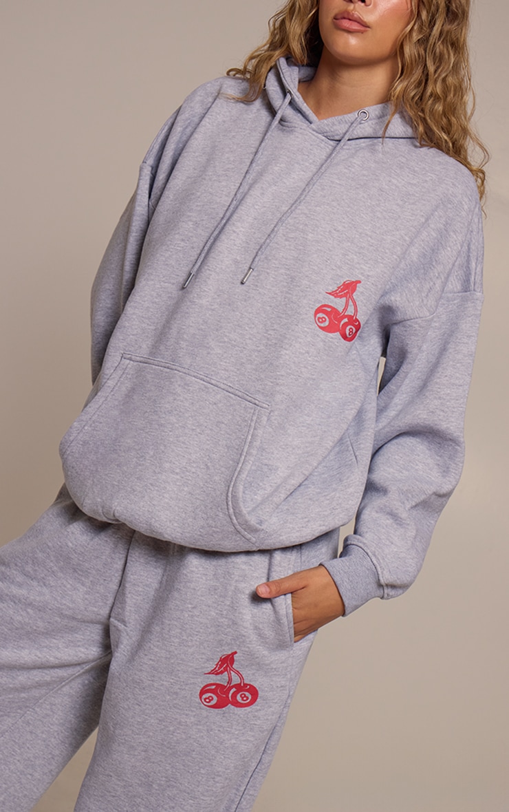 Grey Marl Cherry Print Oversized Hoodie image 4