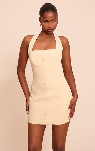 Almond Woven Halter Neck Button Detail Mini Dress