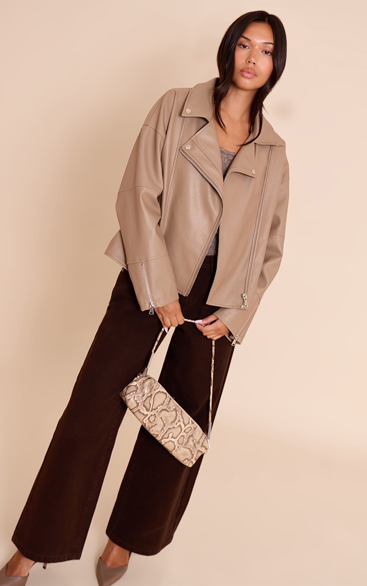 Taupe Faux Leather Oversized Biker Jacket image 3