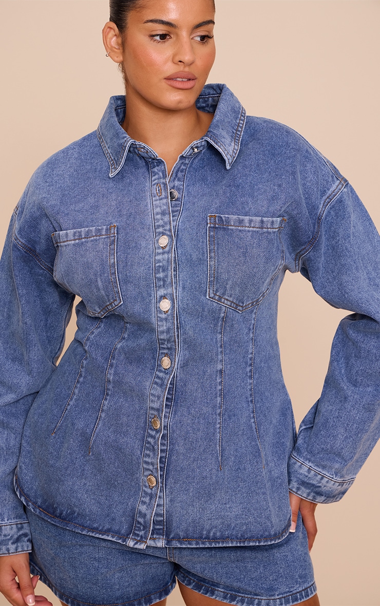 Plus Mid Blue Wash Seam Detail Cinch Waist Longline Shirt image 4