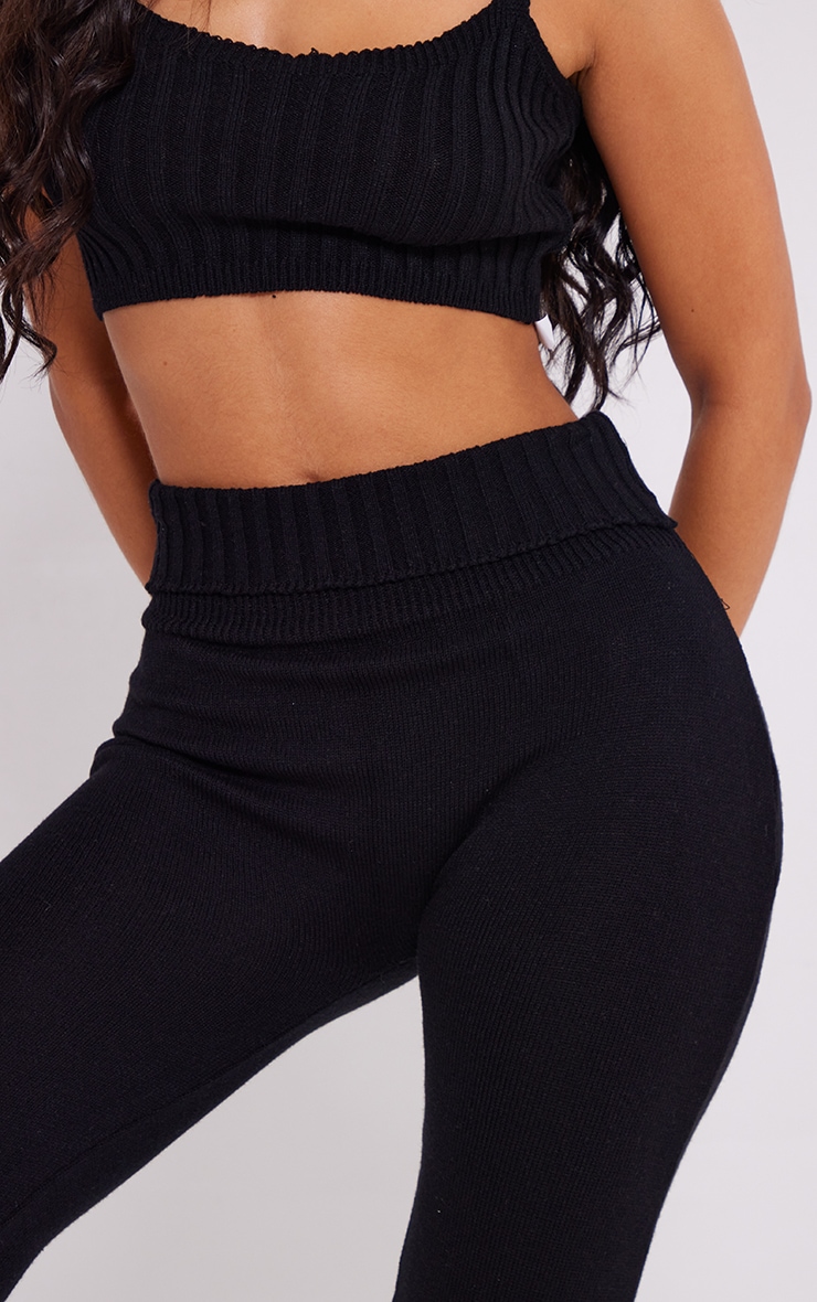 Petite Black Knitted Fold Over Waist Flared Pants image 4