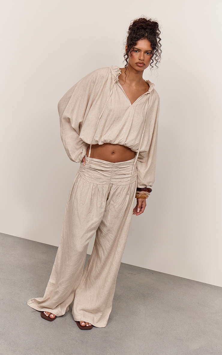 Beige Linen Ruched Waistband Trousers