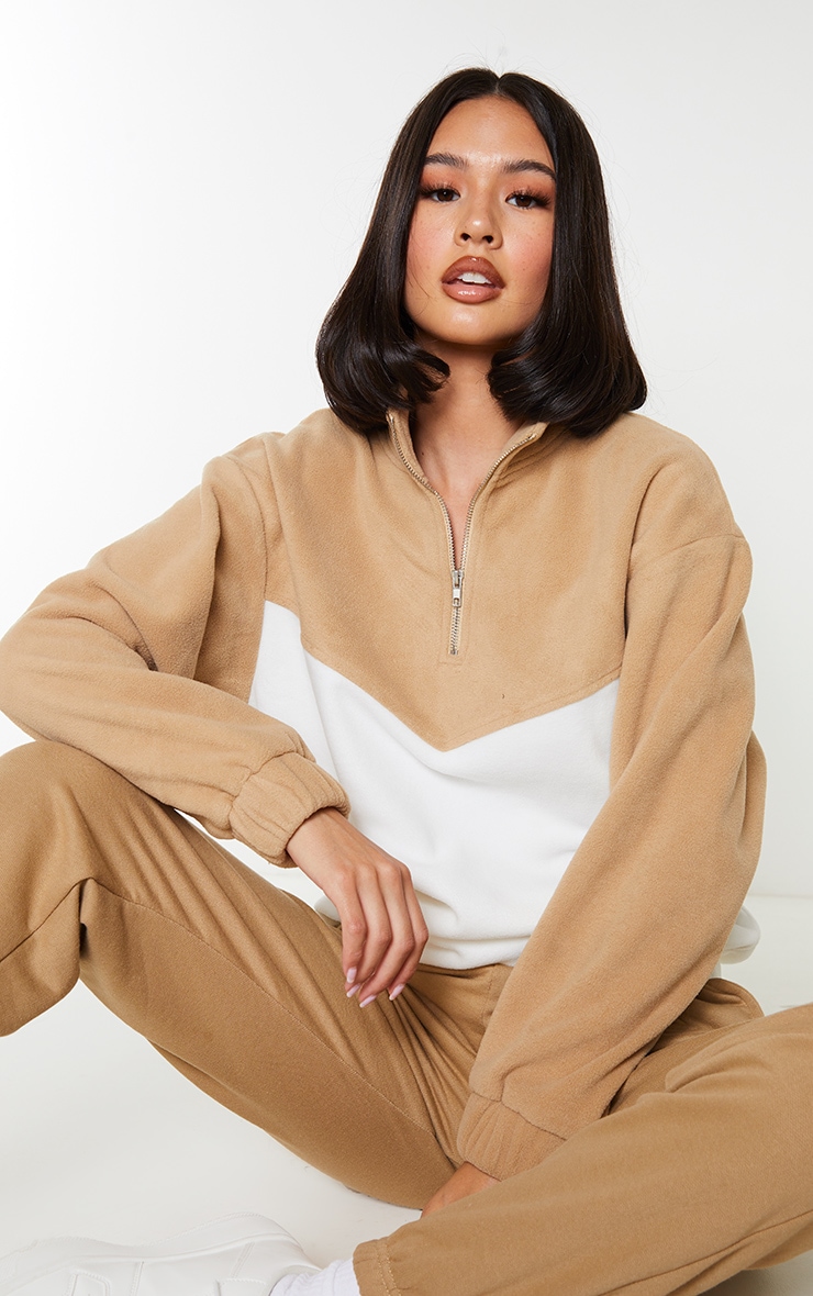 Camel Borg Contrast Panel Half Zip Sweatshirt
