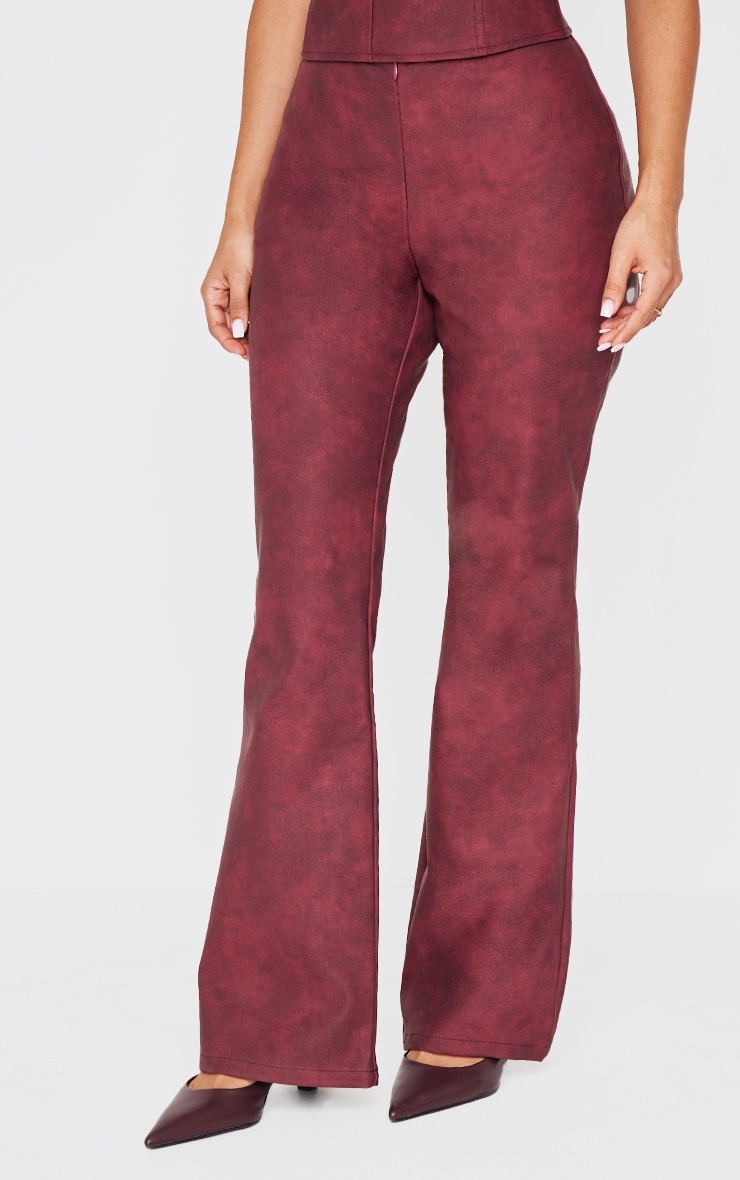 Petite Burgundy Faux Leather Zip Front Flared Pants image 2