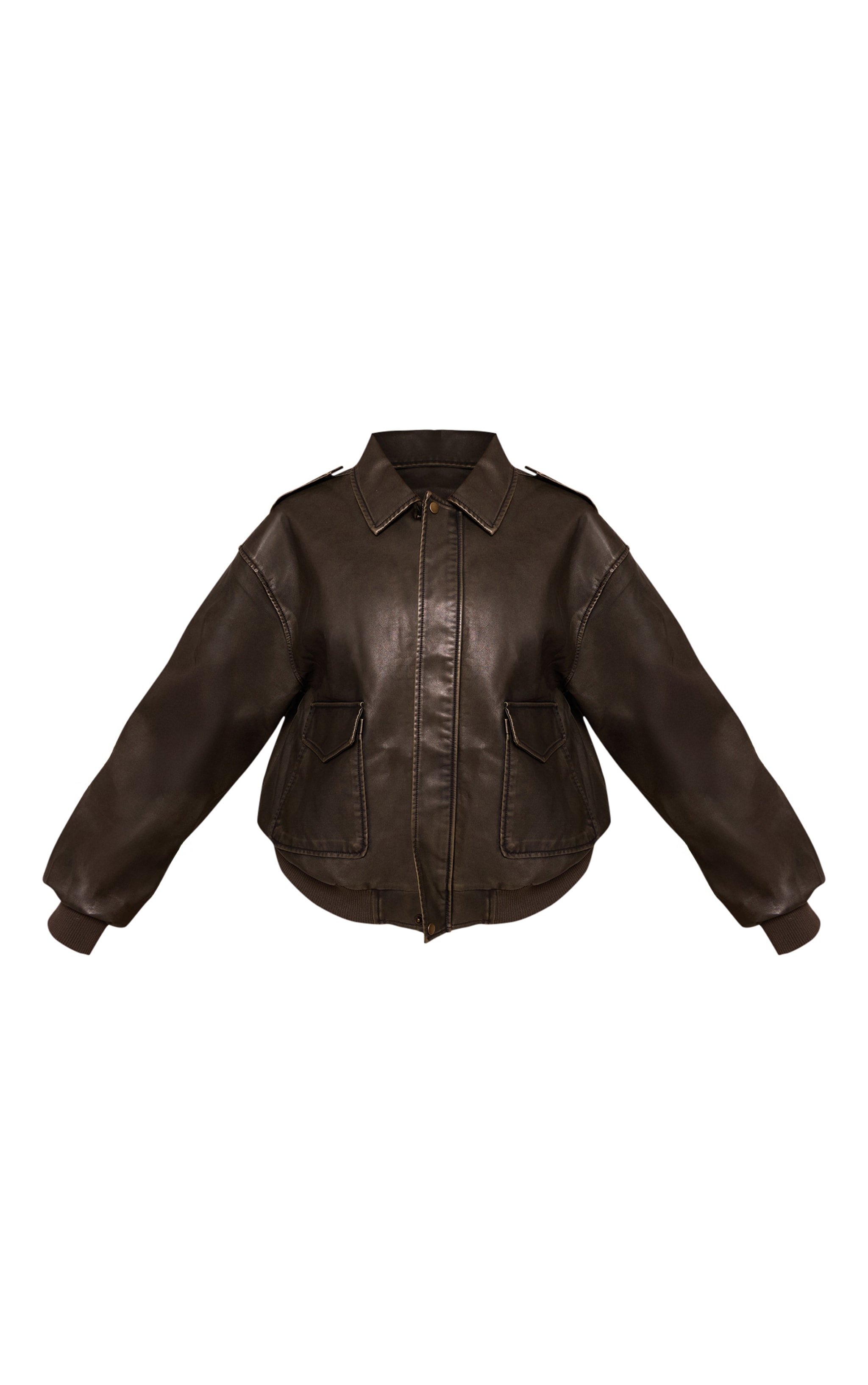 Plus Brown Washed Faux Leather Pocket Detail Bomber Jacket image 5