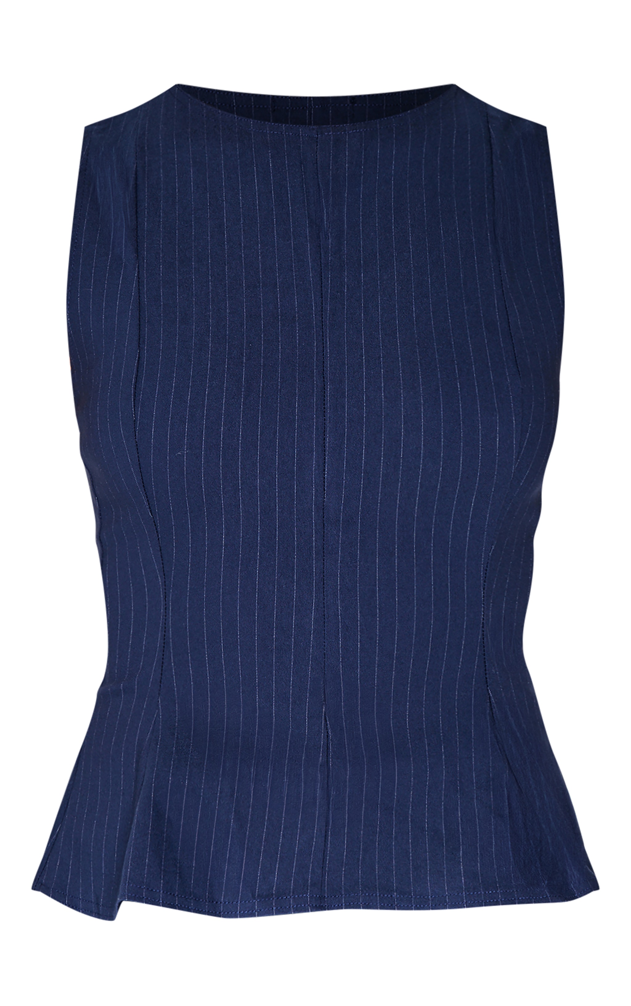 Navy Bengaline Pinstripe Flared Hem Long Top image 5