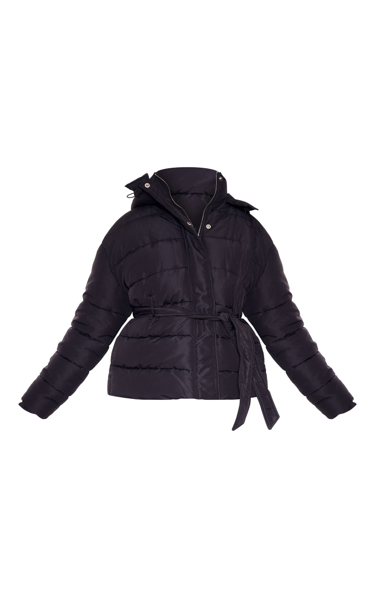 Plus Black Tie Waist Detail Puffer Coat image 5